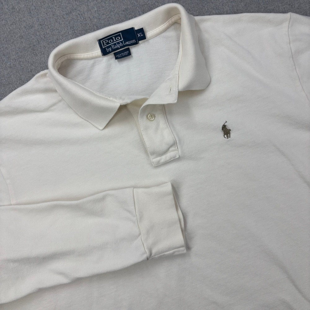 Vintage Y2K Polo Ralph Lauren Long Sleeve Shirt Mens XL Cream Long Tennis Tail